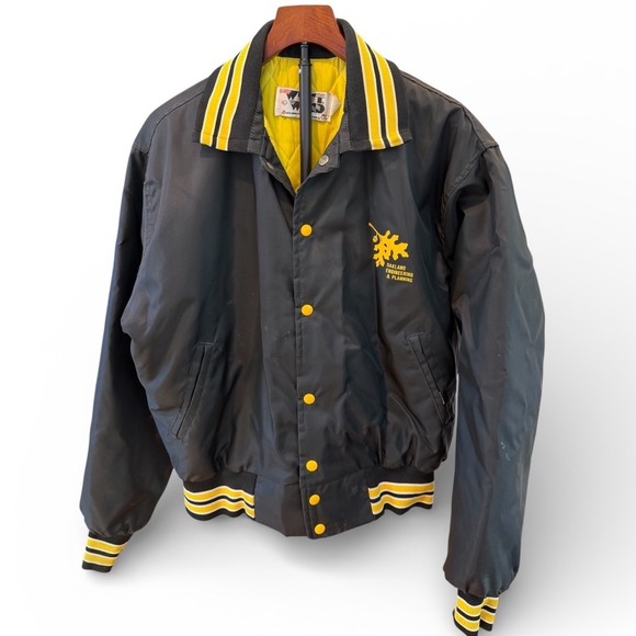 Vtg West Wind Oakland Engineering Planning Bomber Jacket Black Yellow USA L - Picture 1 of 5